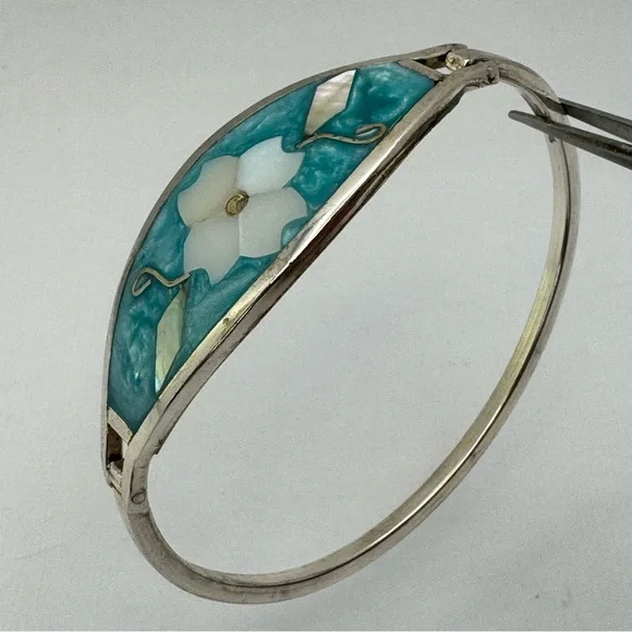 Vintage Taxco Mexico Mother of Pearl Floral Inlay Silver Bracelet Southwestern - Picture 3 of 10